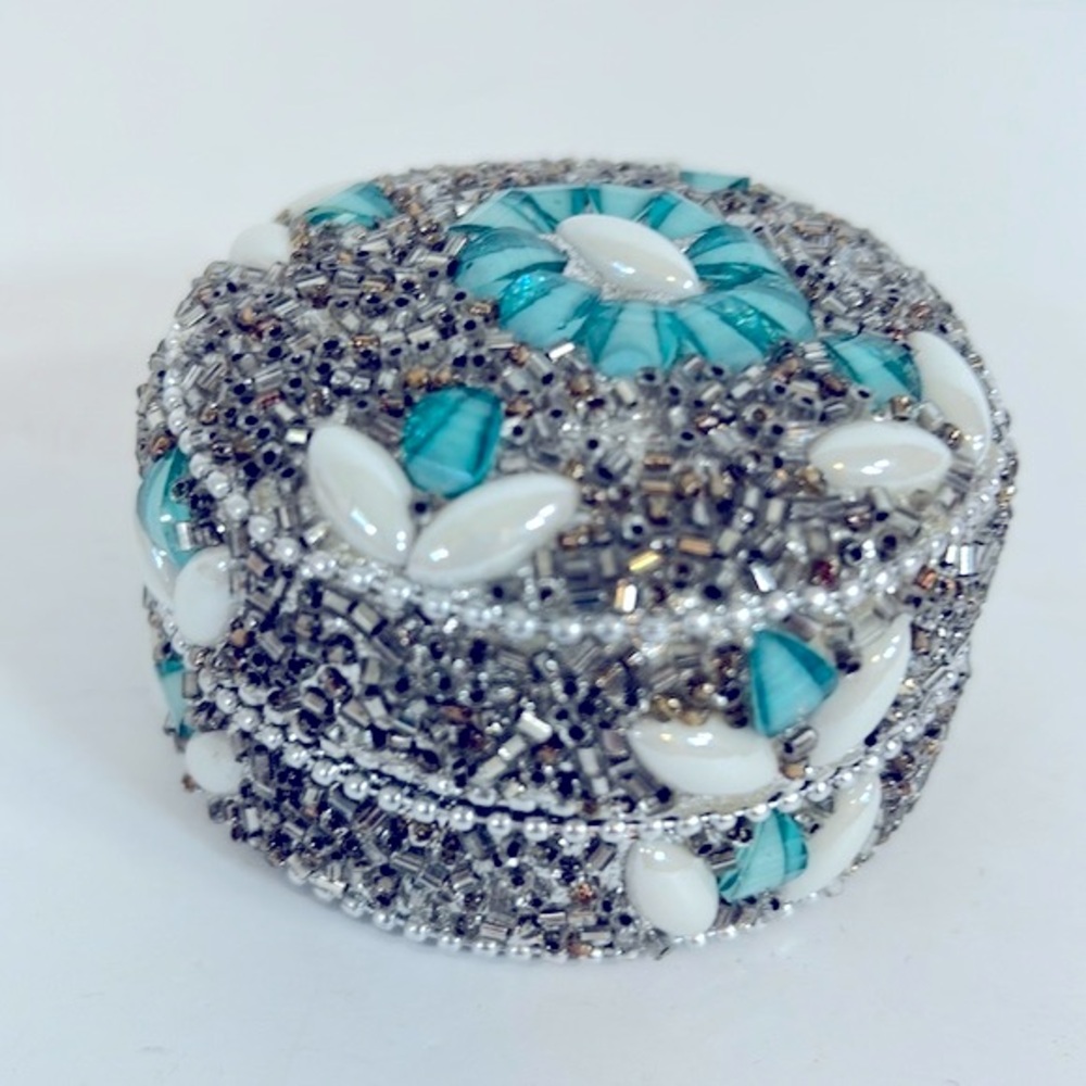 Handmade Bedazzled Silver Beaded Round Dome Trinket Box Jewelry Storage Case